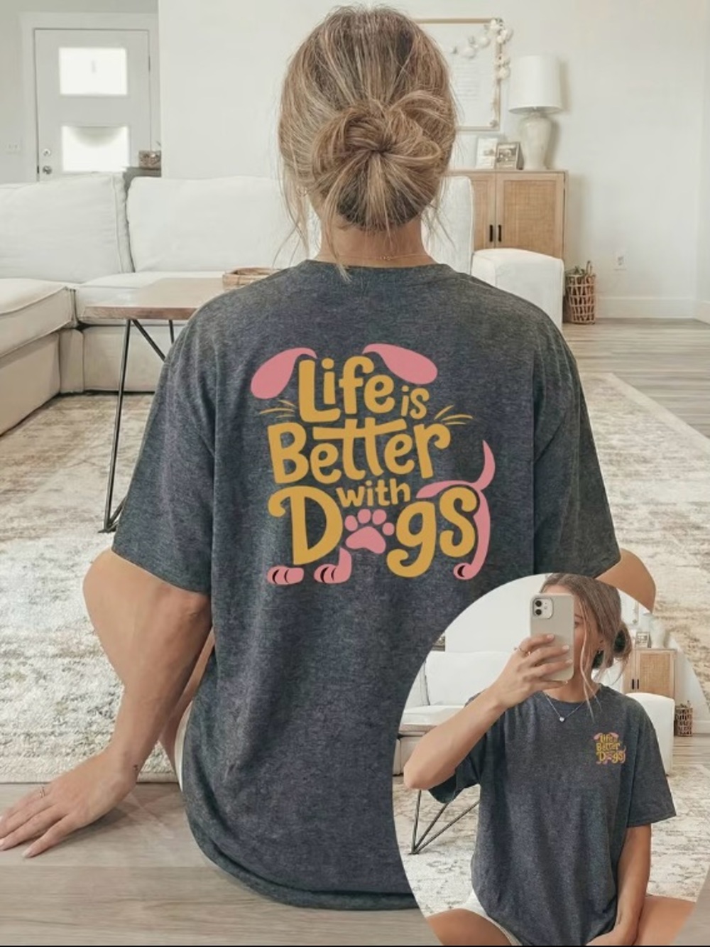 Women’s gray Dog Paw Design Dog Silhouette Print Pattern t-shirt